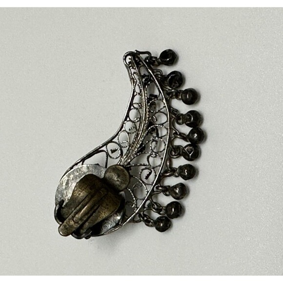Vintage Oxidized Sterling Silver Earrings Filigree Clip On Climbers Wings Leaf - Picture 5 of 10